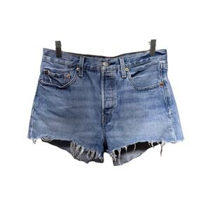 Levis Women 501 Shorts Blue Denim Button‎ Fly Raw Hem Sz 28 Cut Off High Waist